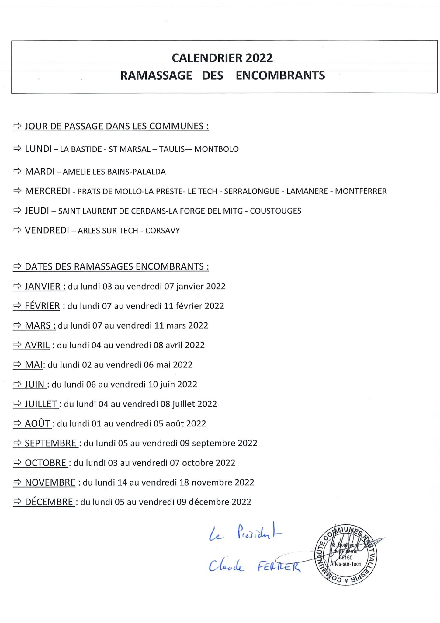 Ramassage des encombrants – Calendrier 2022 | CC Haut-Vallespir